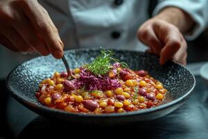 Close-up view of hands preparing a colorful bean dish. photo