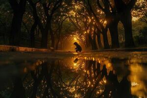 Golden hour silhouette of a person in a forest path reflecting in a puddle. photo