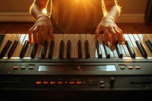 Close-up of hands playing a digital keyboard at dusk. photo