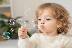 Joyful toddler playing with colorful bubbles indoors. photo