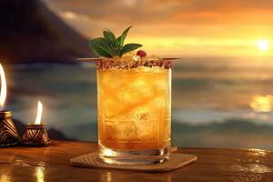 Sunset cocktail in a decorative glass at a seaside bar. photo