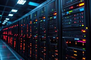 Rows Of Computer Servers Illuminate A Dark Data Center photo