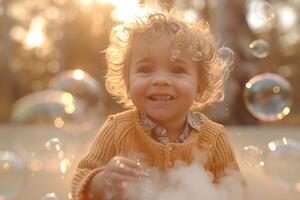 A joyful toddler plays amidst a multitude of bubbles. photo