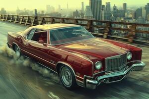 Retro car speeding across a city bridge. photo
