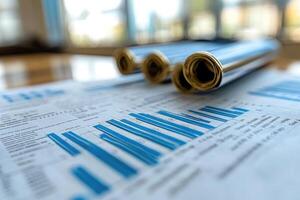 Rolled reports sit on a desk over some printed charts photo