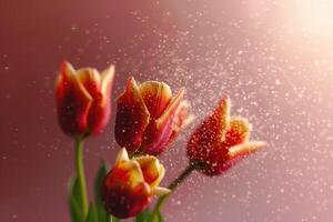 Close-up view of red and yellow tulips in a soft-focus setting. photo