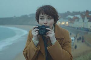 Woman photographs the coastal scene on a cloudy day. photo