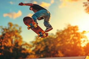 Man performing a skateboarding trick at sunset. photo