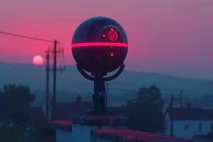 A futuristic sphere device against a vibrant sunset backdrop. photo