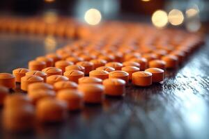 Rows of orange medication pills lined up in perspective photo