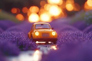 Miniature car on a path through a field of lavender. photo