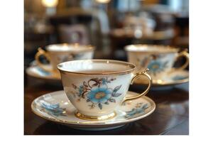 Three elegant china tea cups are arranged on a table photo