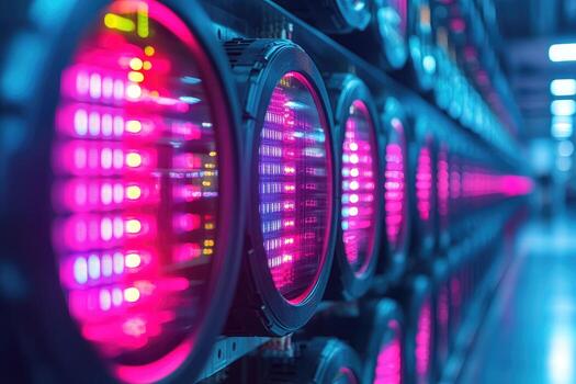 The illuminated data servers arranged in a long perspective display photo