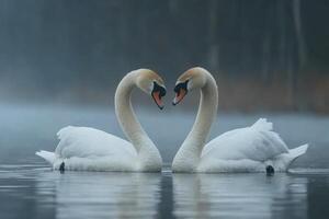 Two swans in a tranquil watery scene, forming a heart shape. photo