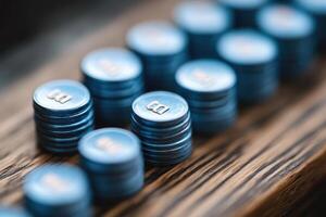 Stacks of blue tokens with engraved letters are shown on wood grain photo
