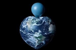 The Earth shaped like a heart with a blue sphere above photo