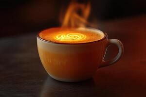 Steaming cup of coffee with a decorative spiral pattern design photo
