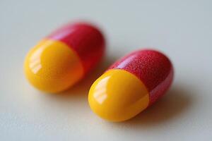 Two pills of red and yellow capsules on a surface photo