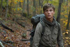 Young man carrying a backpack looks surprised in a forest setting photo