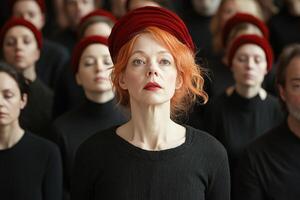 A woman in red stands out among a crowd of similar figures. photo
