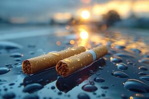 Two wet cigarettes resting on a shiny reflective surface photo