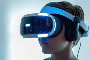 Close-up profile view of a child wearing virtual reality headset. photo