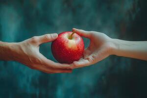 Two hands exchanging a vibrant red against a teal backdrop. photo