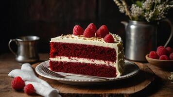 A piece of red velvet cake with raspberries on top photo