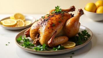 A chicken on a plate with lemons and parsley photo