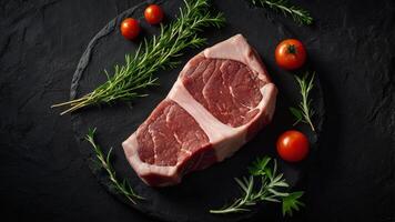 Raw beef steak with tomatoes and herbs on a black slate photo
