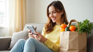 Woman using smartphone while sitting on couch with shopping bag and fruits photo