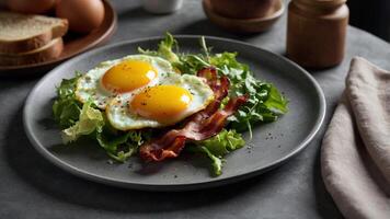 A plate with two eggs and bacon on it photo