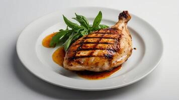 Grilled chicken breast on white plate with herbs photo