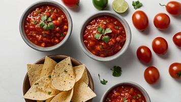 Three bowls of salsa with chips and tomatoes photo
