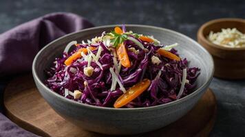 A bowl of purple cabbage salad with carrots and nuts photo