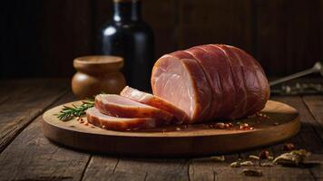 Sliced ham on wooden cutting board with bottle of wine photo