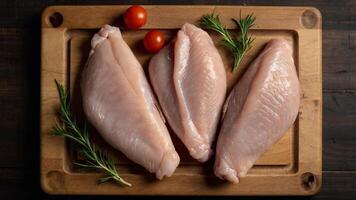 Three raw chicken breasts on a cutting board photo