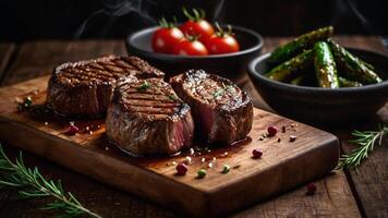Two steaks on a wooden cutting board with vegetables photo