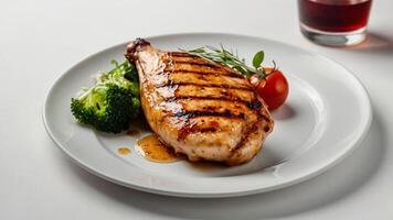 Grilled chicken breast with broccoli and tomato on white plate photo