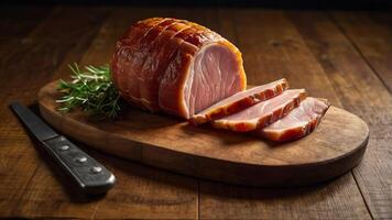 A ham is sliced on a wooden cutting board photo