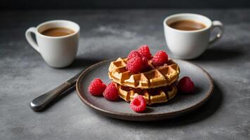 Waffles with raspberries on a plate with two cups of coffee photo