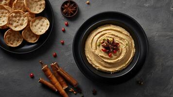 Hummus dip with crackers and spices on a dark background photo