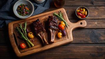 Ribs on a wooden cutting board with vegetables and other ingredients photo