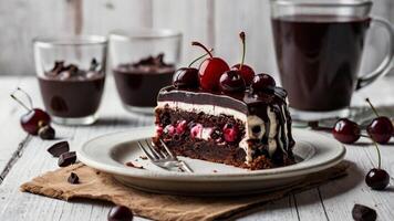 A piece of chocolate cake with cherries on top photo