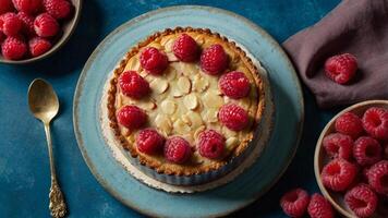 A tart with raspberries and almonds on a blue table photo