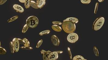 Bitcoin Coins Dropping Slowly, 3D Cryptocurrency Animation on Dark Background video