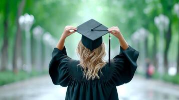 A woman in a graduation gown is holding her cap photo