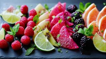 Fresh fruit and vegetables on a black slate photo
