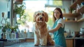 A woman is standing in front of a dog on a counter photo