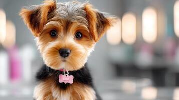 A small dog with a pink collar sitting on a table photo